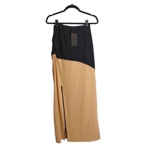 POETIC JUSTICE Black Tan Ruching Colorblock Zipper Slit Maxi Skirt Small NWT